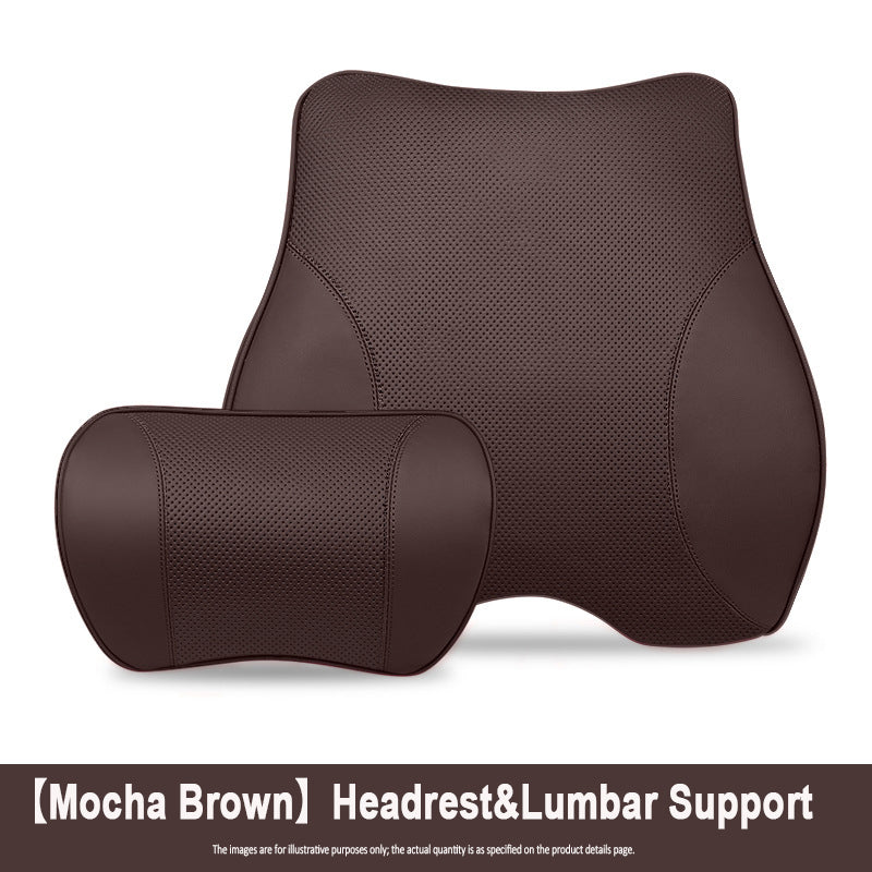 Porsche-Style Genuine Leather Lumbar Support and Neck Pillow(Headrest + Lumbar Support)