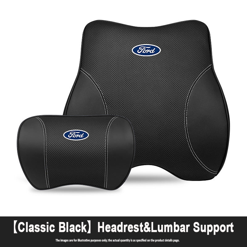 Porsche-Style Genuine Leather Lumbar Support and Neck Pillow(Headrest + Lumbar Support)