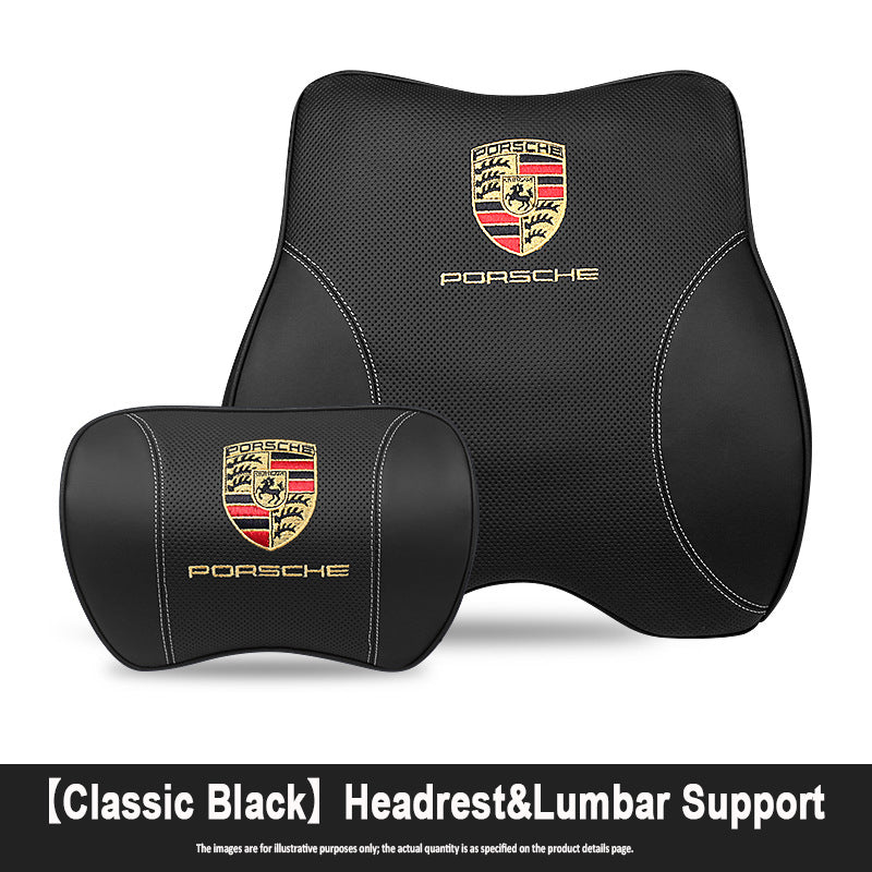 Porsche-Style Genuine Leather Lumbar Support and Neck Pillow(Headrest + Lumbar Support)