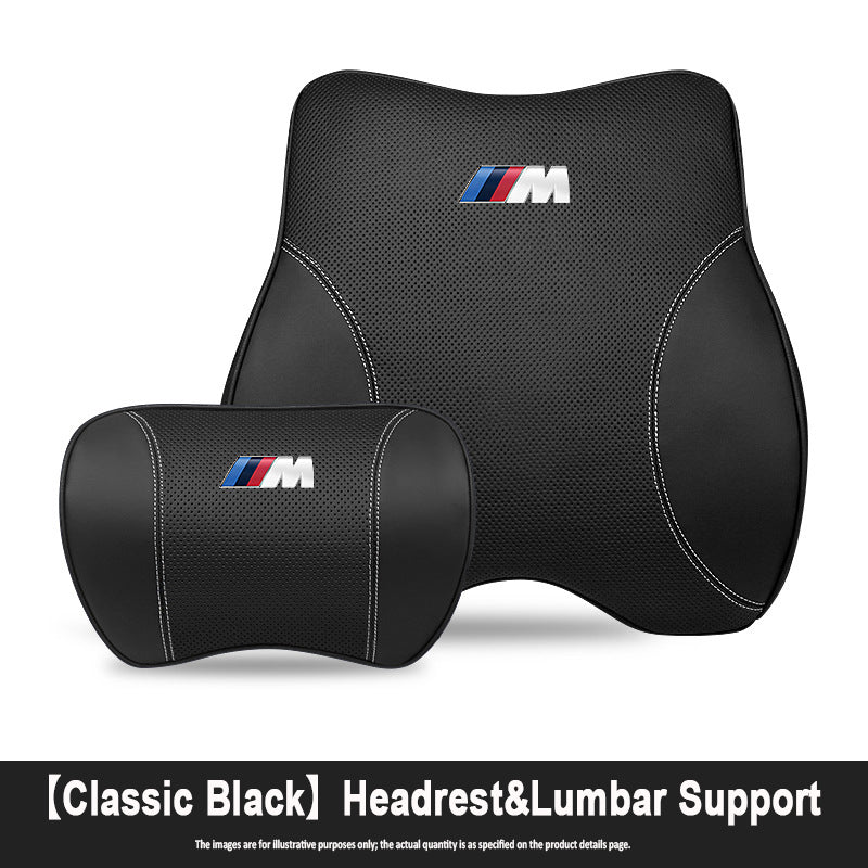Porsche-Style Genuine Leather Lumbar Support and Neck Pillow(Headrest + Lumbar Support)