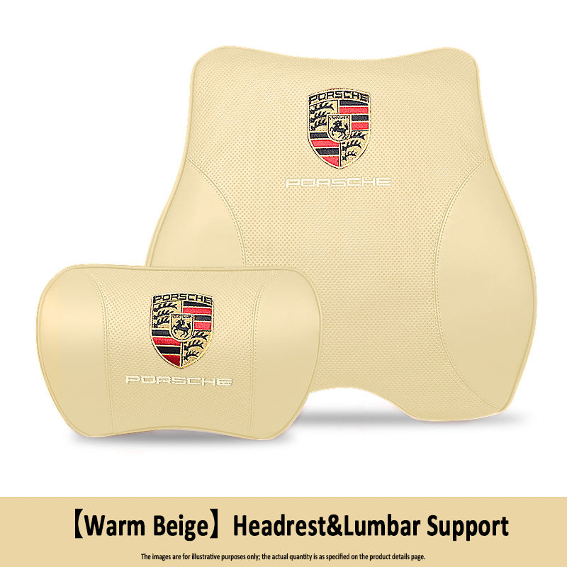 Porsche-Style Genuine Leather Lumbar Support and Neck Pillow(Headrest + Lumbar Support)