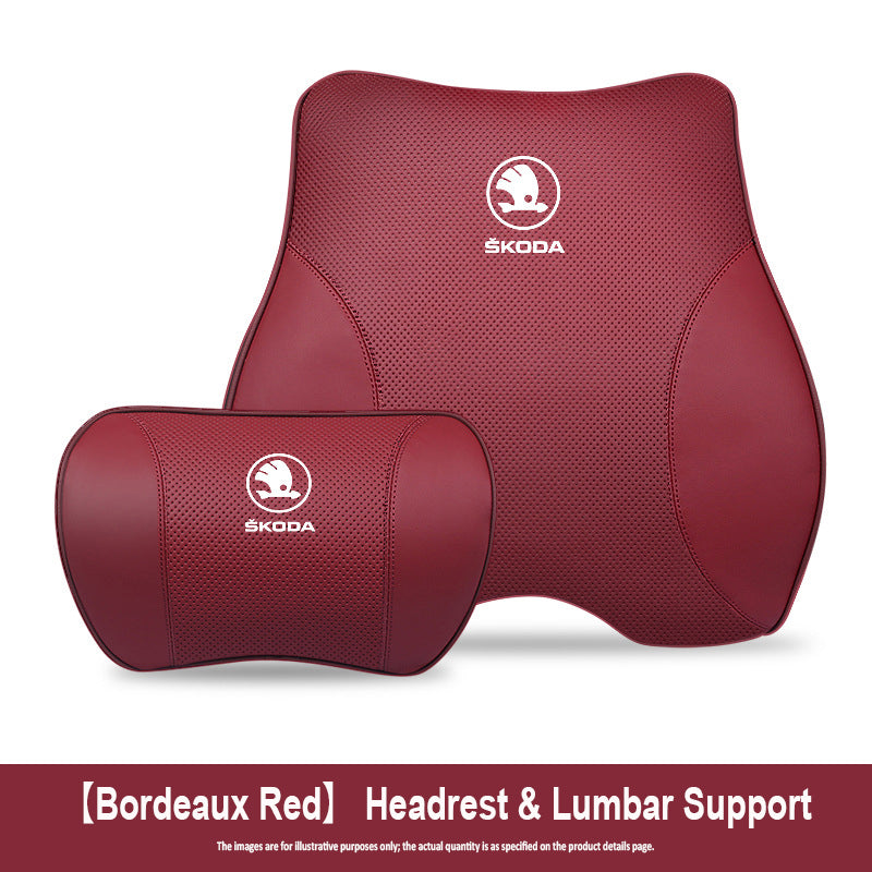 Porsche-Style Genuine Leather Lumbar Support and Neck Pillow(Headrest + Lumbar Support)