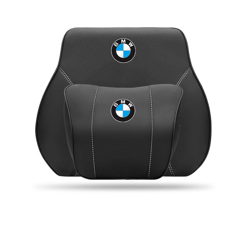 Porsche-Style Genuine Leather Lumbar Support and Neck Pillow(Headrest + Lumbar Support)