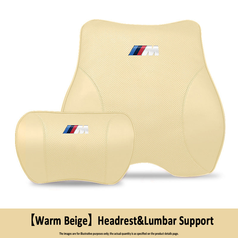 Porsche-Style Genuine Leather Lumbar Support and Neck Pillow(Headrest + Lumbar Support)