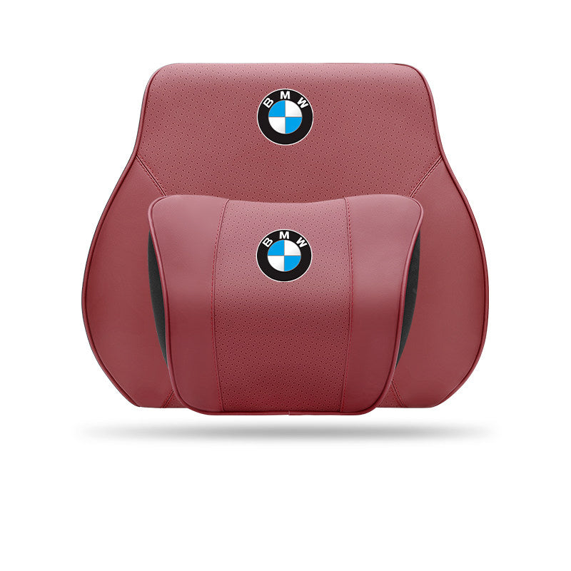 Porsche-Style Genuine Leather Lumbar Support and Neck Pillow(Headrest + Lumbar Support)