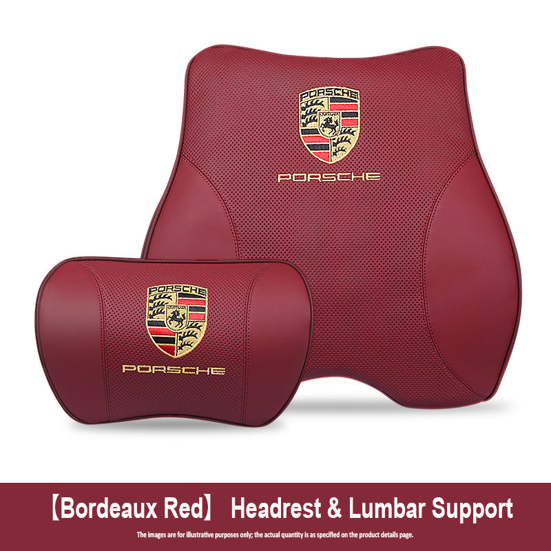 Porsche-Style Genuine Leather Lumbar Support and Neck Pillow(Headrest + Lumbar Support)