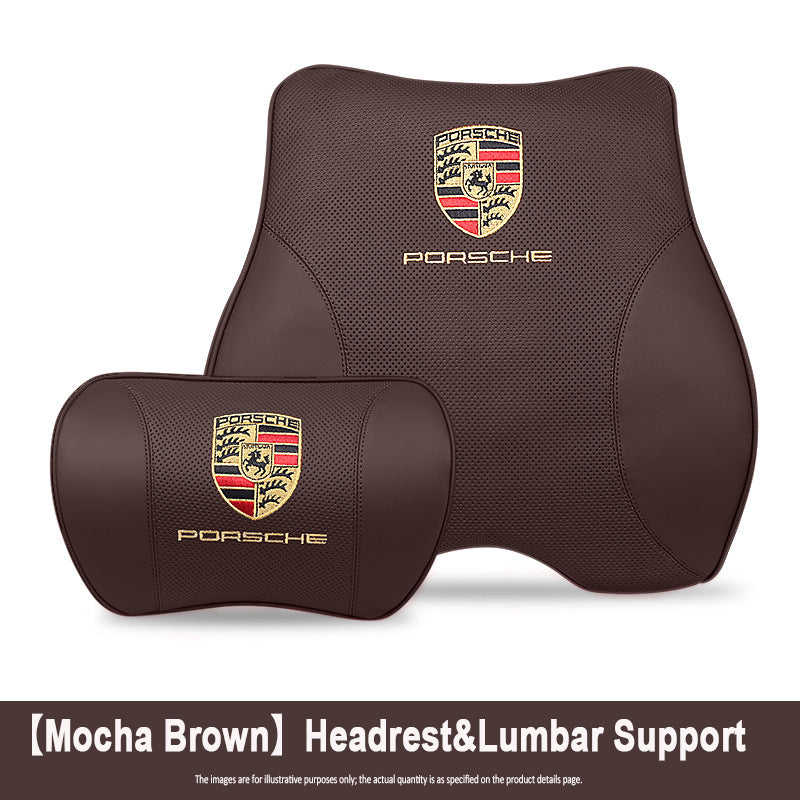 Porsche-Style Genuine Leather Lumbar Support and Neck Pillow(Headrest + Lumbar Support)