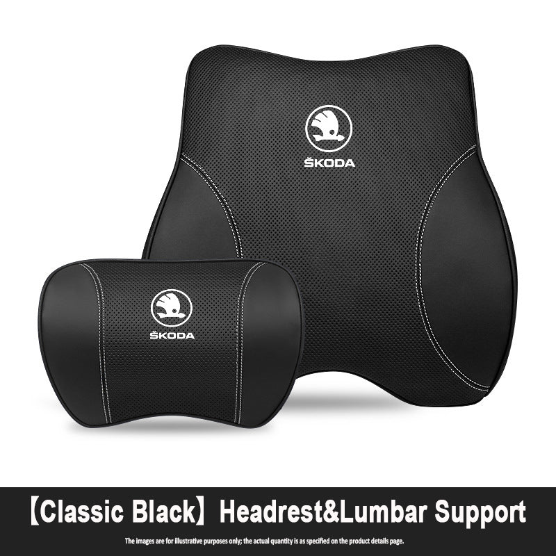 Porsche-Style Genuine Leather Lumbar Support and Neck Pillow(Headrest + Lumbar Support)